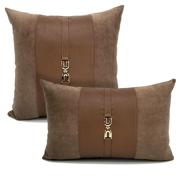 light luxury grey/orange/coffee color cushion cover pu leather suede patchwork pillowcase decorative buckle waist pillow cover