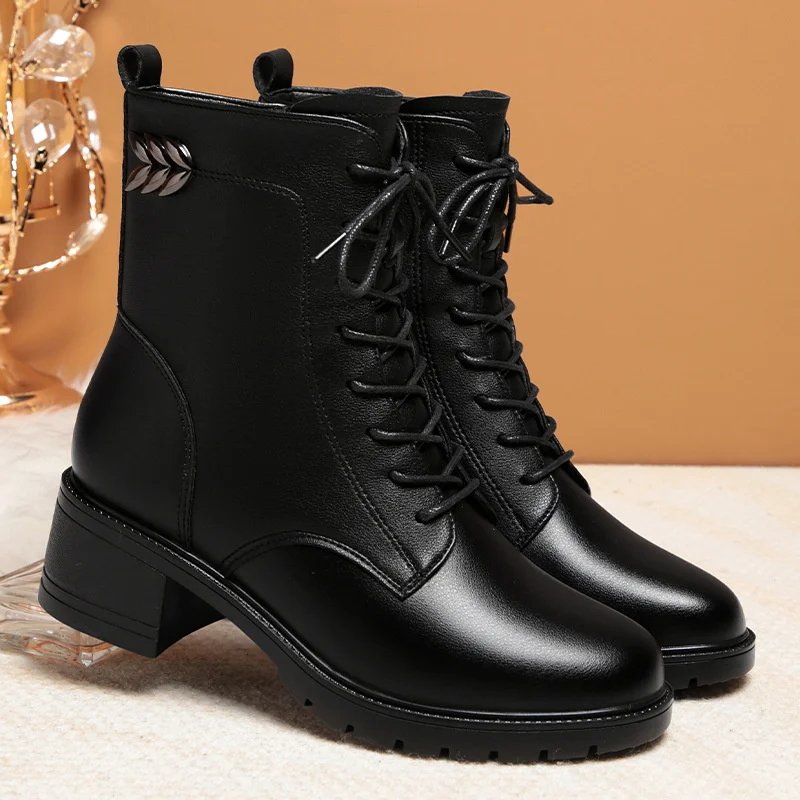 Autumn Winter Women Thick Heel Soft Leather Boots Thick Wool Warm High-heeled Boot Velvet Warm Snow Short Boots