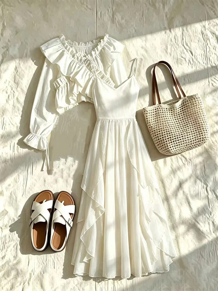 Vacation Style Women's Long Sleeve Blouse And Skirt Set with Lace Trim Strap Dress Bubble Sleeve Spring Autumn Fashion Outfit