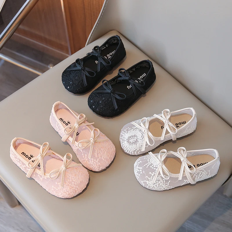

Beige/pink Childrens Casual Shoes with Bow Round Toe Non Slip Soft Sole Breathable 2025 New Summer Outdoor Mesh Girls Flat Shoes