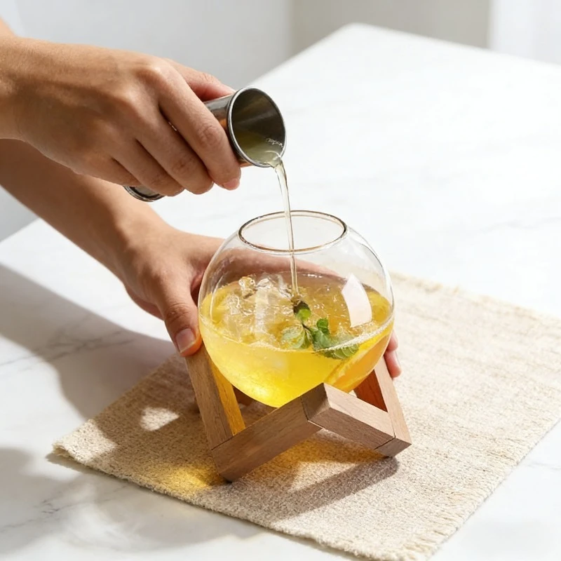 Bulb Shape Glass Cup with Wooden Stand Clear Bubble Tumbler for Iced Coffee Cocktail & Boba Tea Drinkware for Home & Cafe