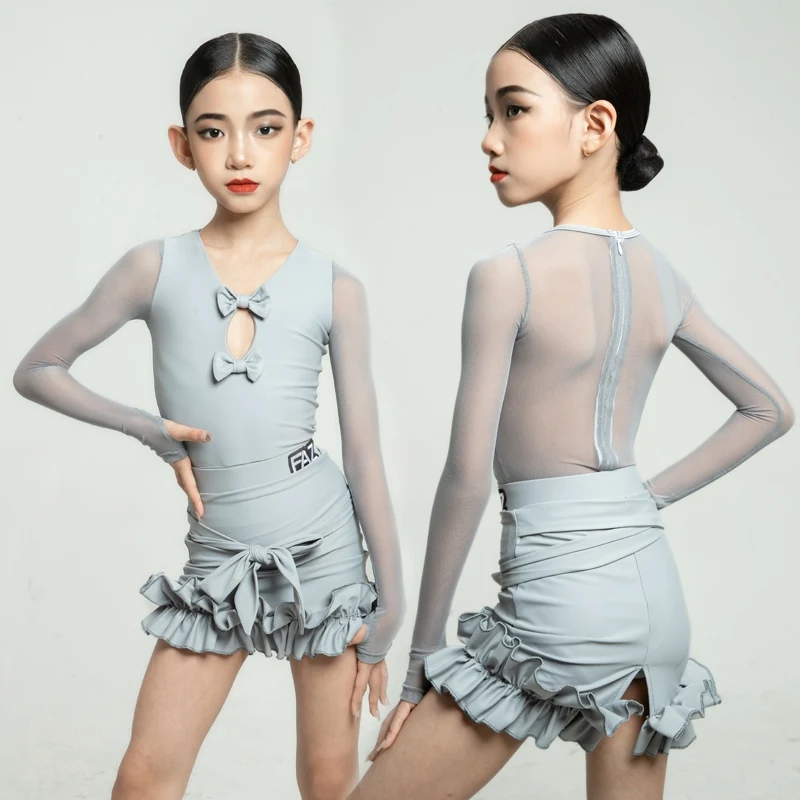 

Cute Girls Mesh Sleeves Latin Dance Competition Costume Children'S Ballet Ballroom Dance Clothes Kids Stage Dresses SL12120