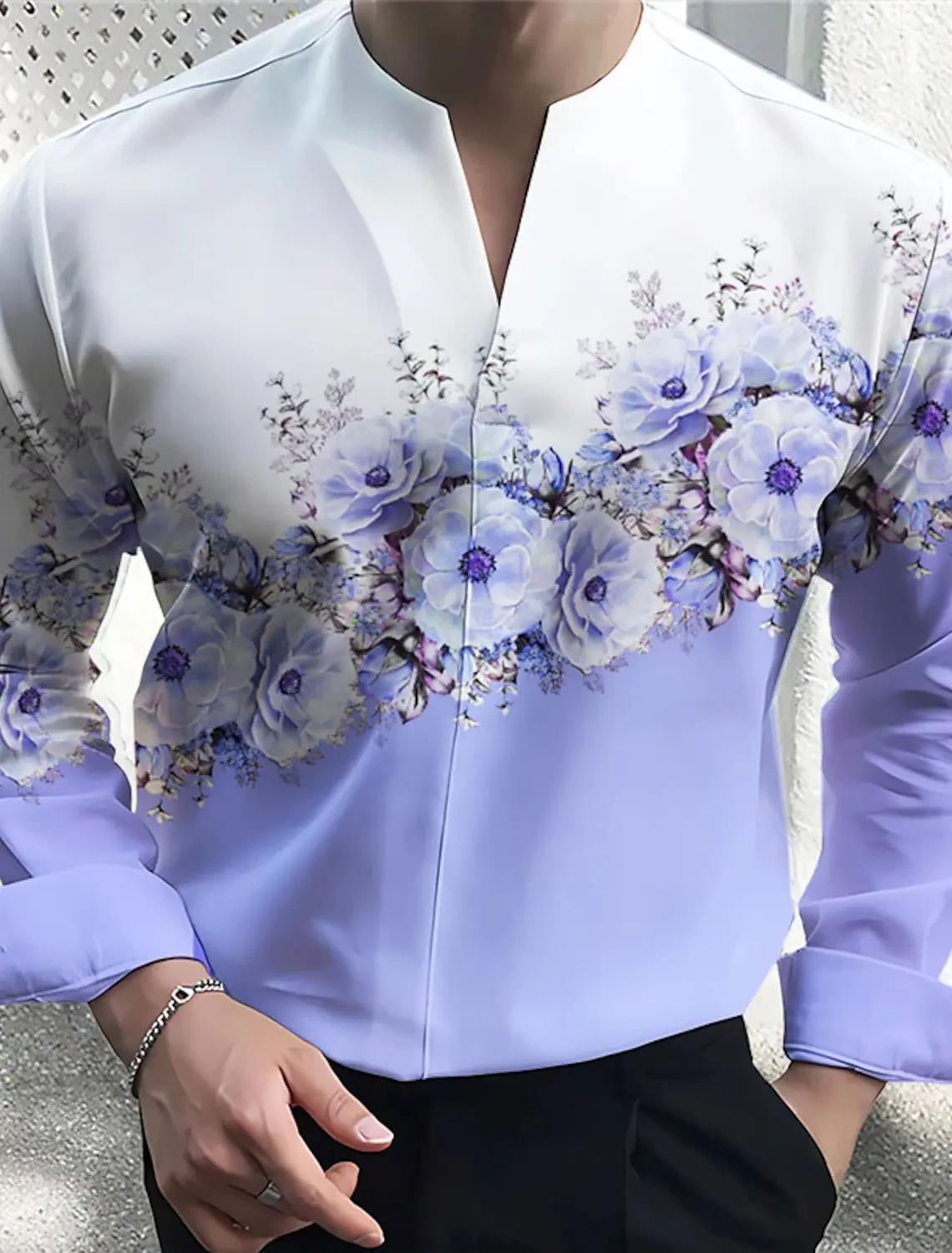 Men Stand Collar Purple Floral Splice Long Sleeve Shirt V‑Neck Pullover Polyester Casual Blouse