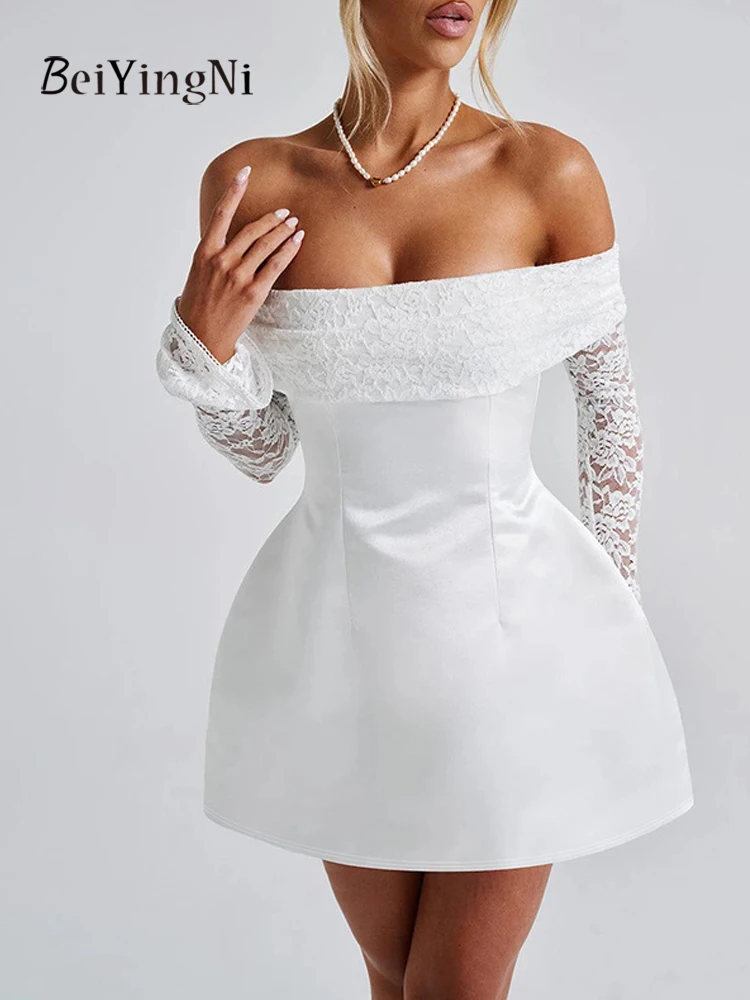 Beiyingni automne hiver femmes robe trapèze dentelle élégante Slash cou coupe ajustée Sexy blanc robes de soirée dames plaine robes françaises