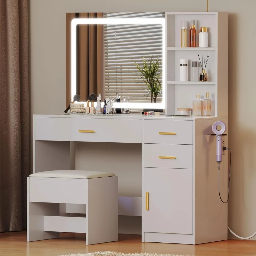 Vanity Desk Set with Wireless Charging Station & Power Outlet, 4 Drawers, 3 Open Shelves, 3 Light Color, White