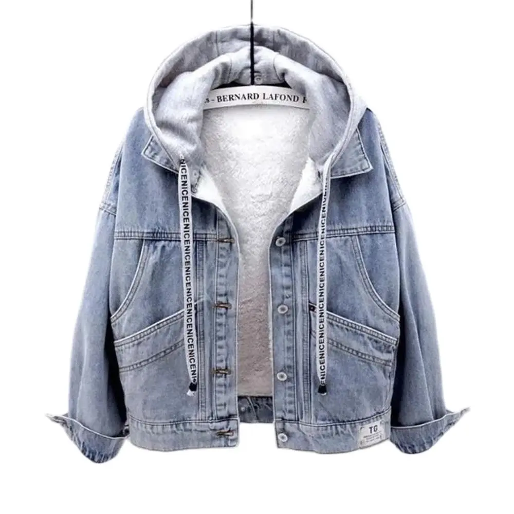 Blue Adjustable Hooded Denim Jacket Women Loose Button Patchwork Outwear Jean Coat Female plus velvet overcoat warm tops thicken