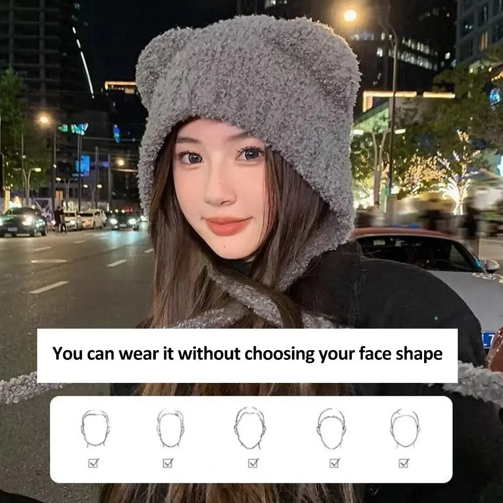 1PCS Winter Knitted Hat Plush Bear Ear Design Warm Ear Protection Cap Soft Comfortable Ladies Fashion Headwear Essential