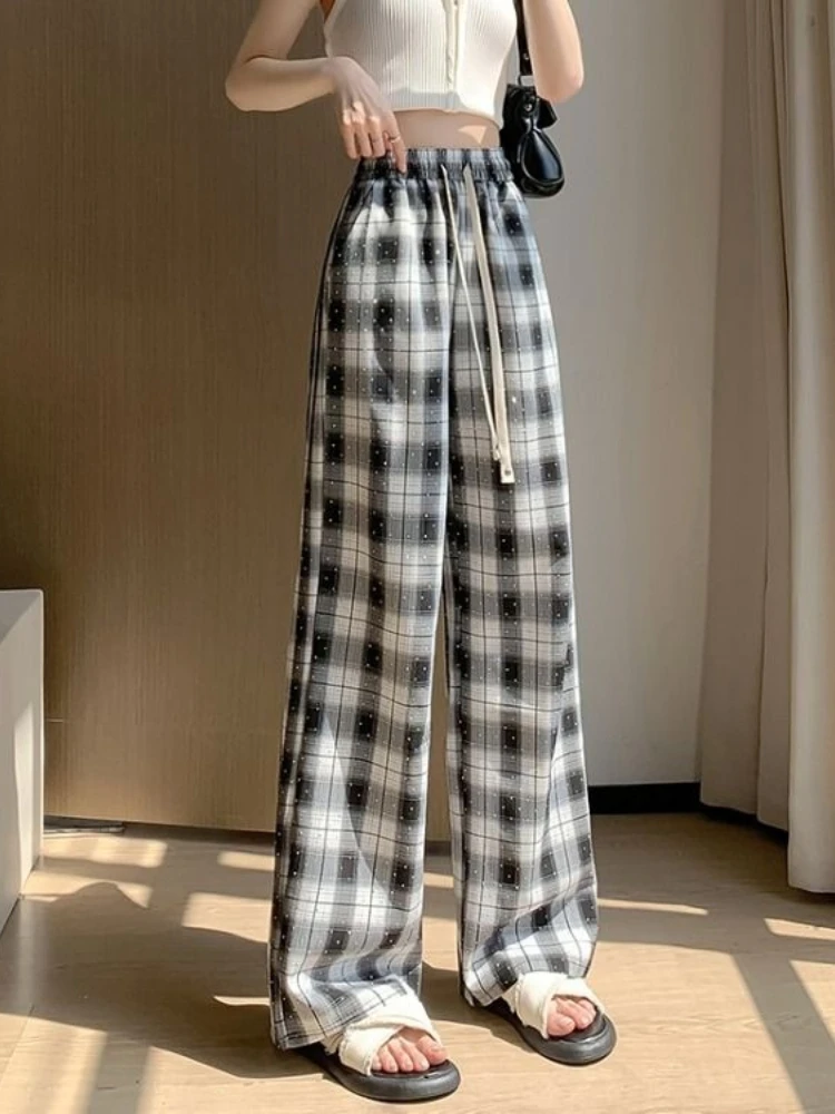 Women Vintage Plaid Wide Leg Pants Summer Lightweight High Waist Drawstring Casual Trousers