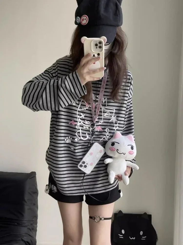 HOUZHOU Y2k Harajuku Striped Patchwork Hoodies Women Japanese Style Grunge Gothic Cartoon Print Loose Sweatshirt 2024 Soft Girl