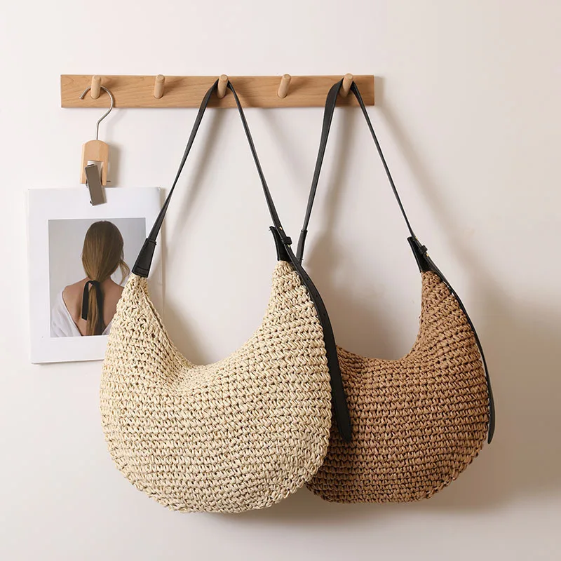 Modische Unregelmäßige Strohtasche Schulterhandtasche Einfarbig Neue Strand-Urlaubstasche für Damen Geflochtene Schultertasche Accessoire – Detail 13