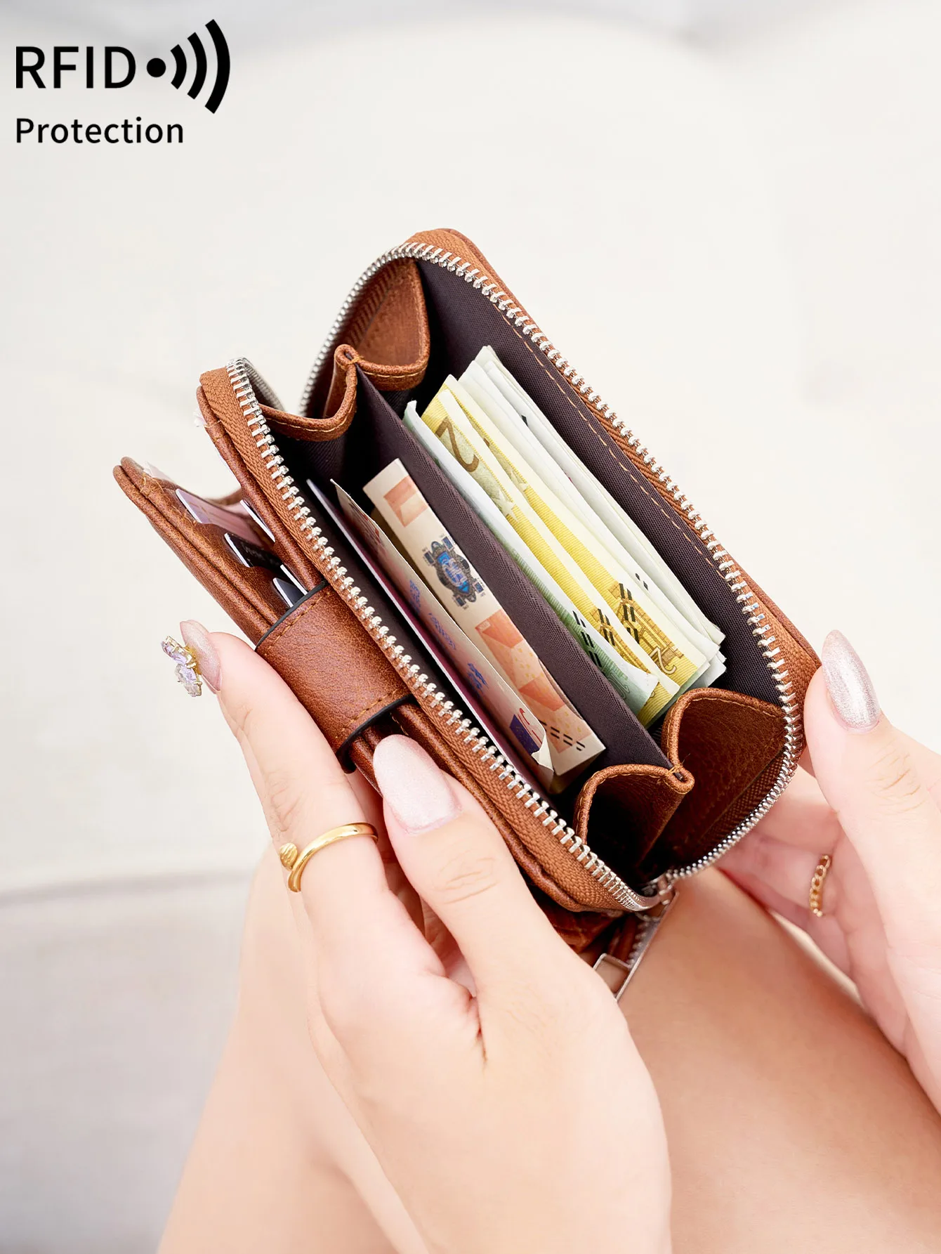 New Women's Wallet Retro Trifold RFID Short Wallet Fashion Large Capacity Buckle Zipper Coin Women's Coin Purse Card Holder