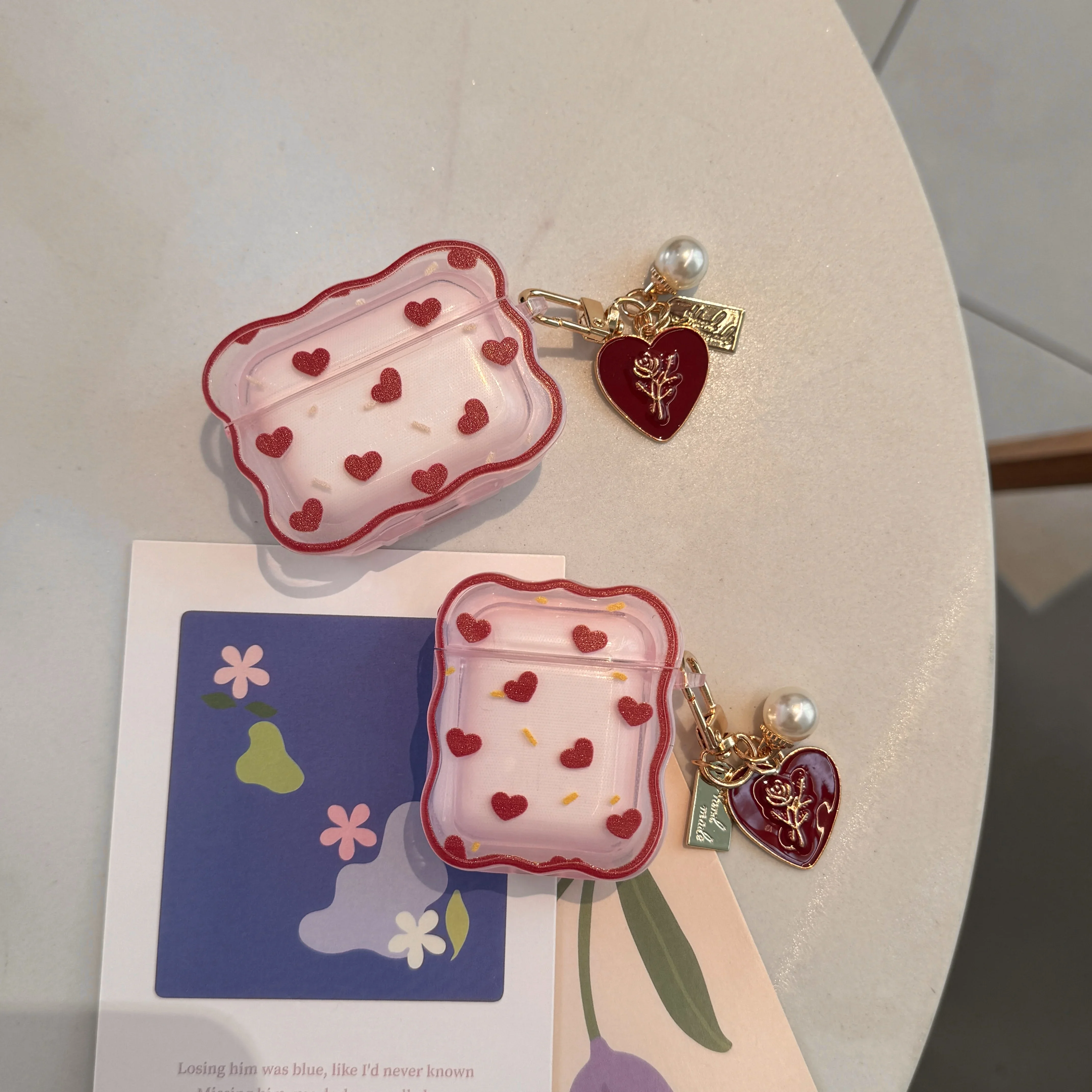 

INS wave red love Transparent Case Gradient Pink flowers Headphone Cover Airpods 1/2/3 pro2 Protective Bag Earphone Case