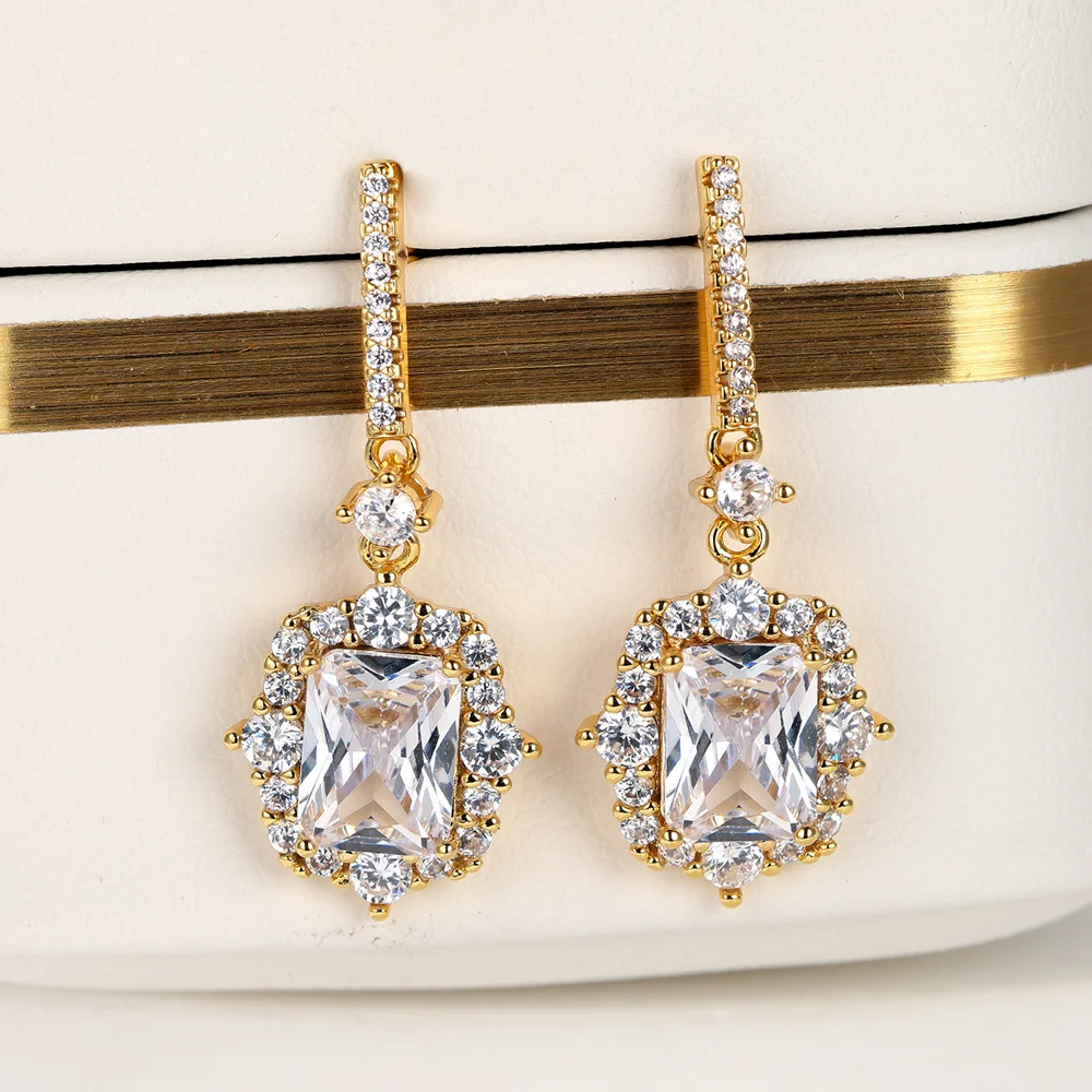 Geometric Crystal Square Stone White Zircon Stud Earrings For Women Vintage Gold Color Wedding Earring Versatile Jewelry Gifts