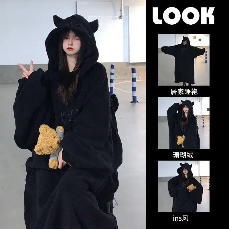 Couple Set Winter Pajamas Thicken Keep Warm At Home Leisure Homewear Girl Cute with Wings Extra Long Version Hooded Nightdress