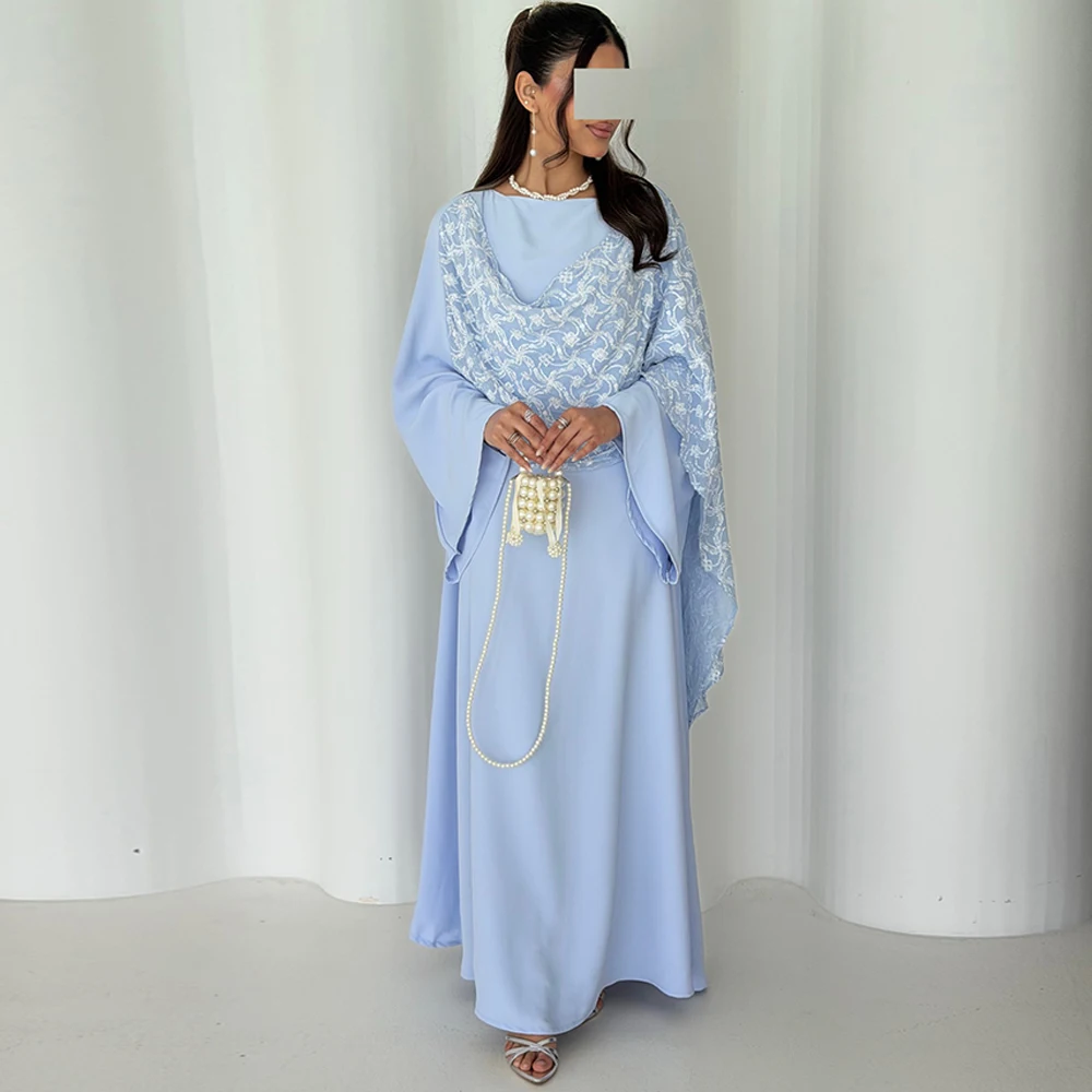 

Simple Blue Jersey Evening Dress Classic Long Sleeves Party Dresses Fashion O-Neck Appliques Customized Special Occasion Gowns