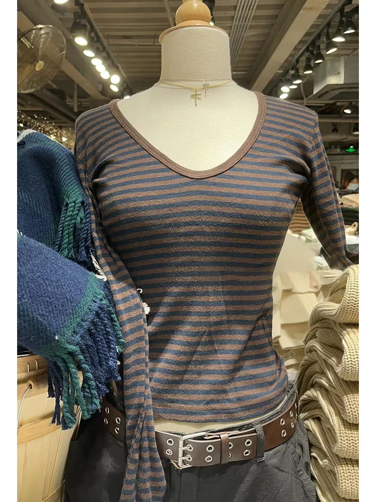 Women's Brown Striped Cotton T-Shirt V Neck Slim Long Sleeve Tee Tops Female Streetwear Vintage Y2K Spring Autumn Woman Tshirt