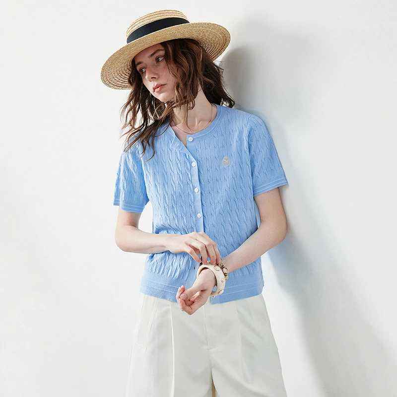 TOYOUTH Women Knitwear Top 2026 Summer New Slim Fit Sculptural Cable Knitwear Preppy Style Badge Embroidery Casual Tops
