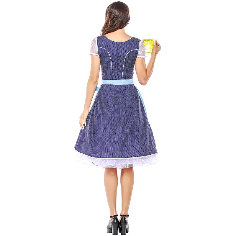 Women Plaid Dirndl Dress and Blue Apron German Oktoberfest Costume Bavarian Tavern Waitress Outfit Cosplay Fancy Party Dress