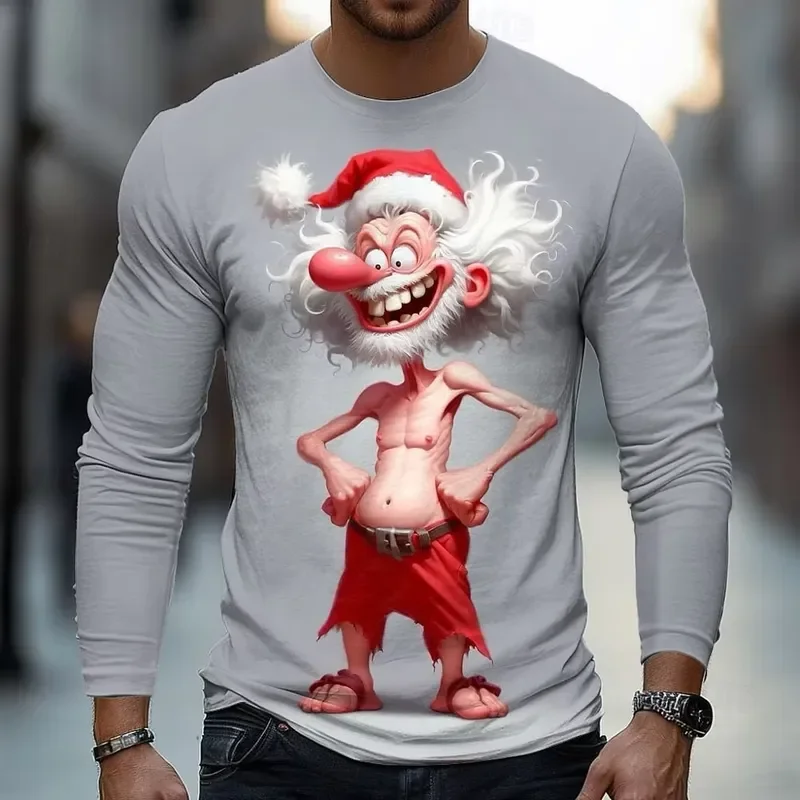 Men Long Sleeve T Shirt 3D Vintage Print Round Neck Casual Streetwear Funny Tops Autumn Winter Christmas Clothing For Men