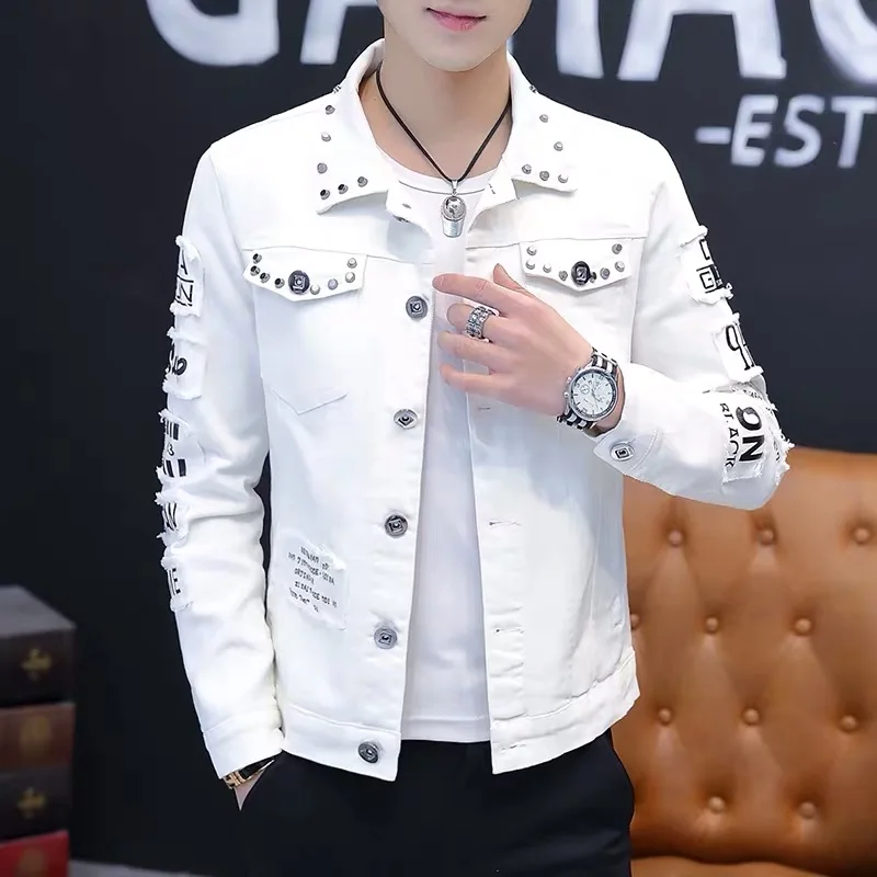 

Slim Fit Men's Denim Jaet Rivet Casual Jaet Thin Spring Autumn White Coat Casual Sle round Ne Double Button Long Sve