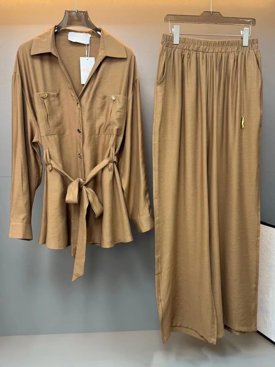 GALCAUR Solid Spliced Pocket Two Piece Set Female Lapel Long Sleeve Shirt Casual Lazy Women's Trousers Sets Autumn Fashion New