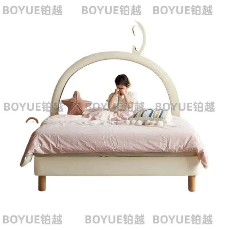 Cream Cartoon Rabbit Bed for Girls Soft Upholstered Kids Furniture with Storage Simple Princess Bedroom Decor Small Space