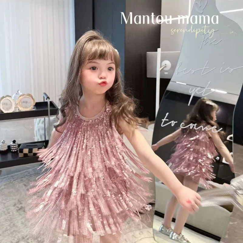 Baby Girls Summer Sweet Pink Shiny Tassels Princess Self-cultivation A-Line Dress Birthday Holiday Party Children Sundress