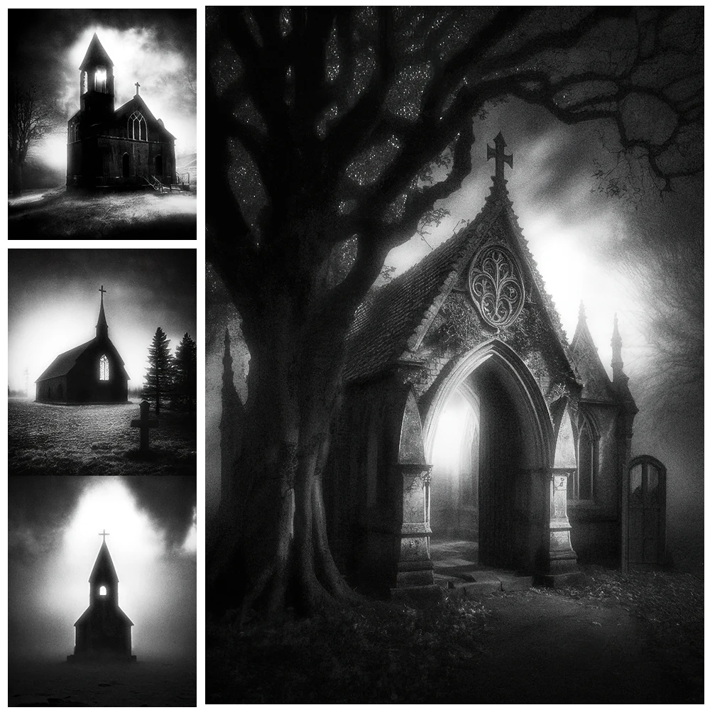 

Crumbling,Lonely Church In The Field Vintage Wall Art Canvas Painting Creepy Architectural Black & White Art Poster Print Decor