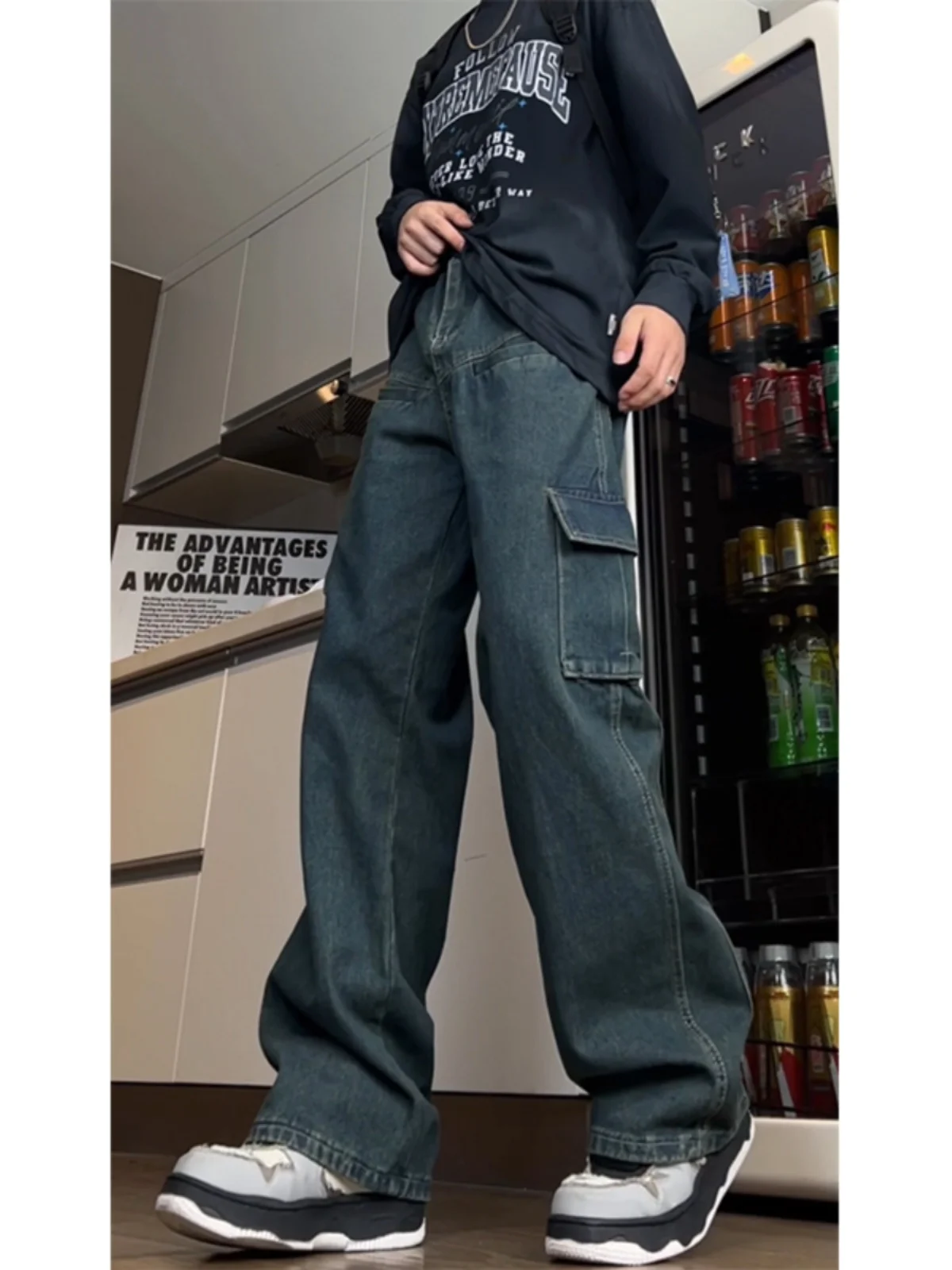 

American Style Workwear Jeans Men's Autumn Winter Hiphop Patchwork High Street Slimming Micro Flared Long Trousers