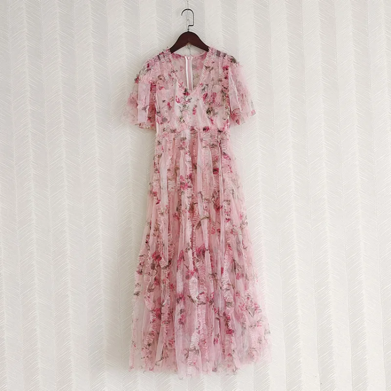 

VShort Sleeve Three-Dimensional Floral Heavy Embroidery Waist-Cinching Long Dress with Mesh2025Summer New