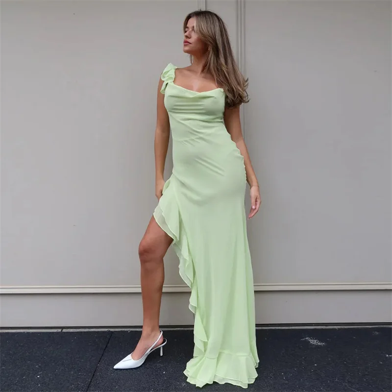 Light Green Prom Dress Sexy V Neck Sleeveless Ruffles Split Long Mermaid Party Gown Formal Wedding Guest Birthday Evening Robe