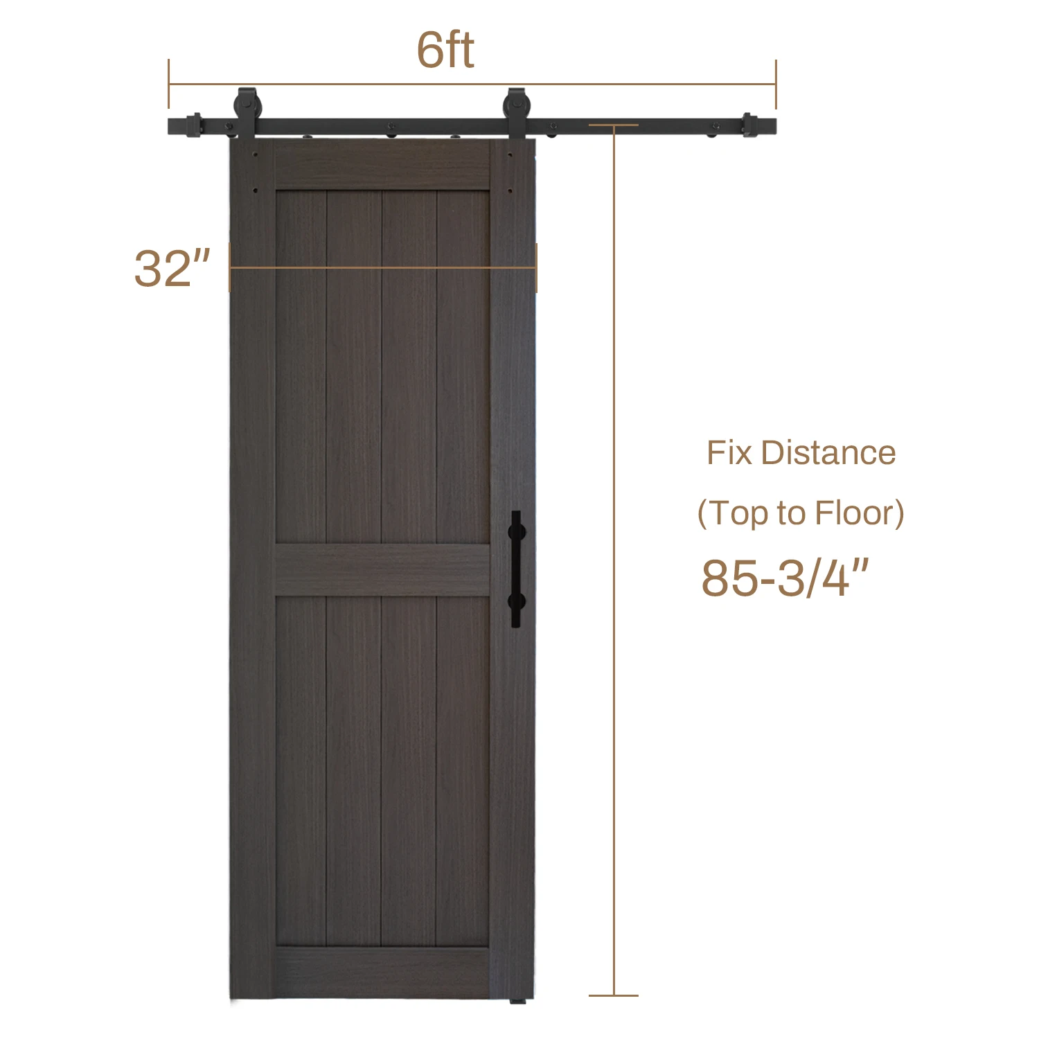 باب الحظيرة المنزلق 32 بوصة × 84 بوصة مع مجموعة أدوات 6 أقدام، باب منزلق باللون الرمادي الداكن، لوح باب من الخشب الصلب مع سطح PVC