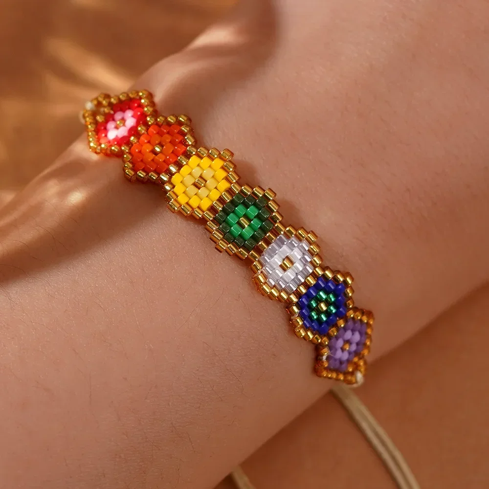 Beaded bracelet Hexagon Versatile Devil's eye Heptacolor Design Adjustable Bohemia Hand knitting Female Rice bead bracelet