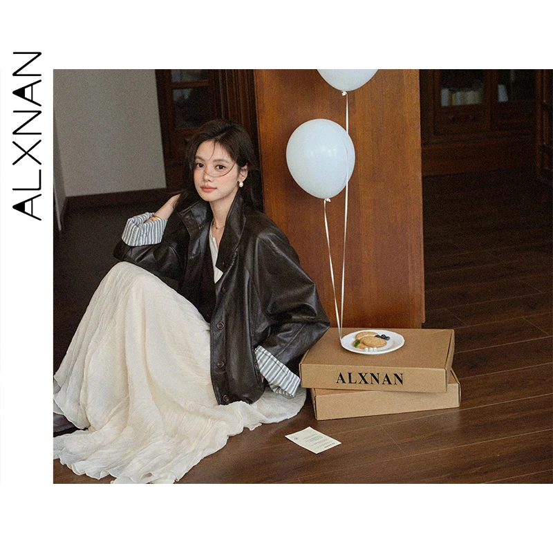 ALXNAN 黒革ジャケット女性ショートカジュアルヴィンテージストライプコントラスト袖口ジャケット 2025 秋防風ジャケット女性 L57929