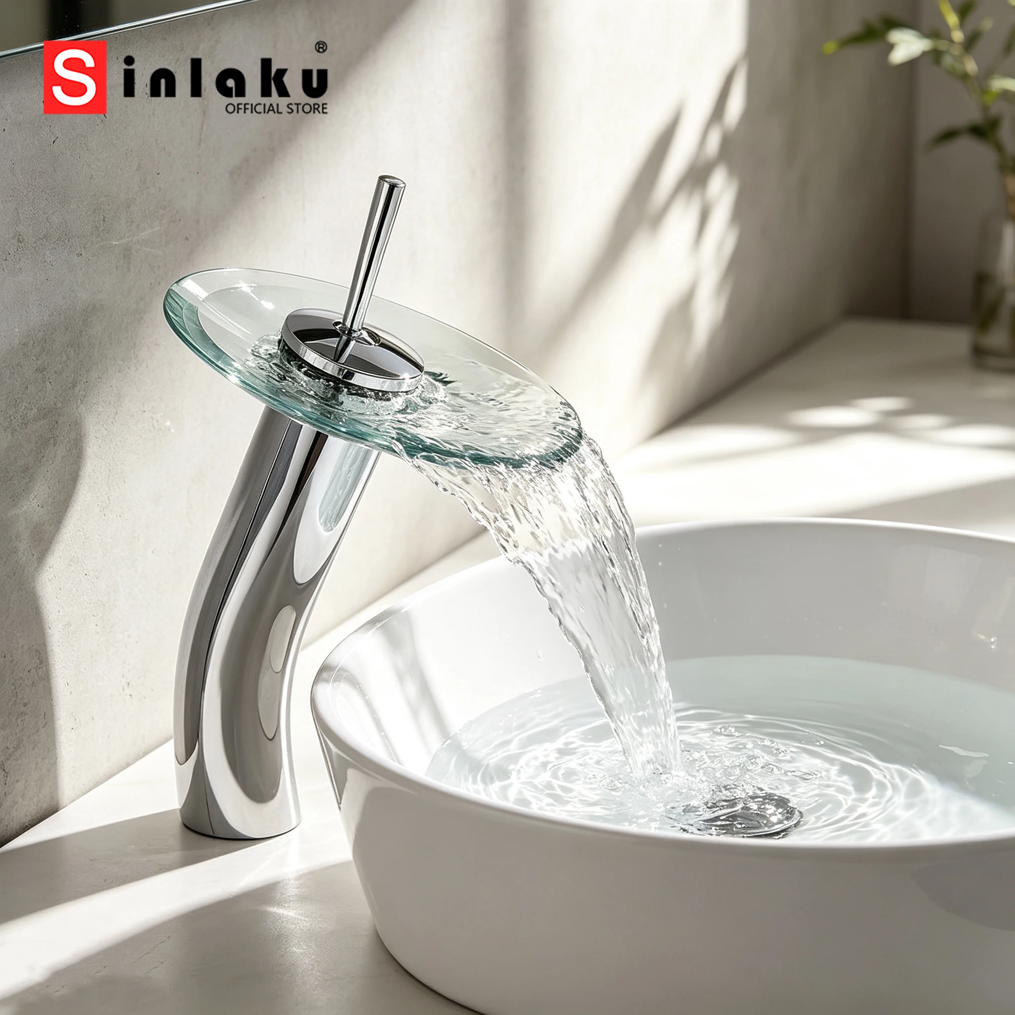 SINLAKU Bathroom Faucets Household Wash Basin Vessel Sink Colorful Glass Waterfall Faucet Chrome Mixer Taps Commercial
