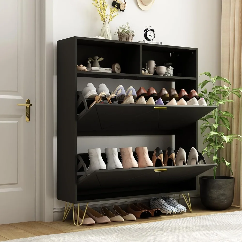 

Shoe Cabinet with 2 Flip Drawers, Shoe Storage Cabinet for Entryway Slim, Hidden Black Shoe Storage with Open Shelf,