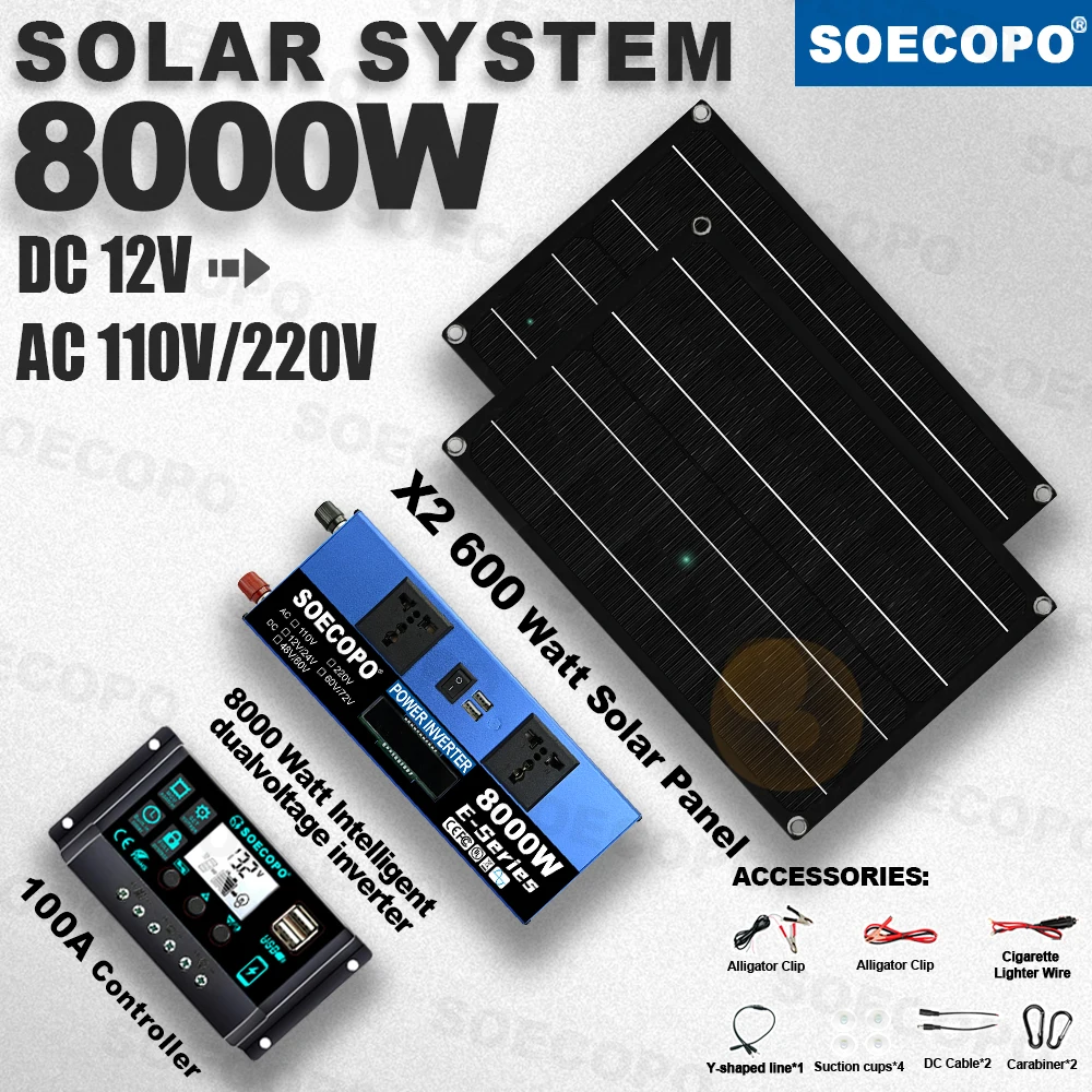 8000W Peak Solar Kit 2x600W Panel 100A Controller 12V/24V 110V 220V Voltage Inverter Generator off grid for Camp Home RV balcony