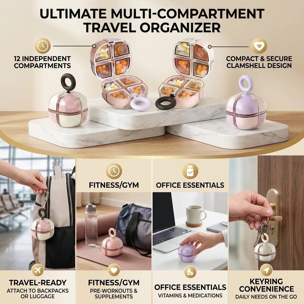 Dopamine Color Spherical Pill Box 8 Independent Compartments Food‑Grade Material Moisture‑Proof With Carry Lanyard