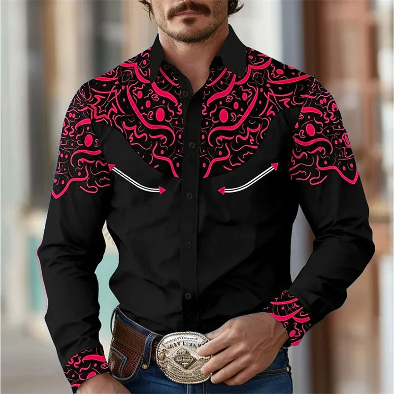 Geometric Retro Western Men's Shirt Outdoor Street Casual Daily Spring and Fall Lapel Long Sleeve  XS-6XL Stretch Fabric Shirts