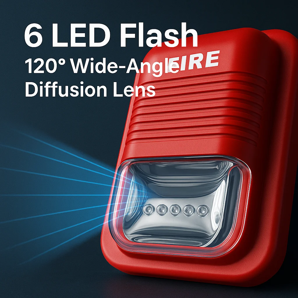 ≤75mA Low-Power Fire LED Strobe Alarm, 6-LED 120° Lens, 3-Tone Selectable Standard Mounting