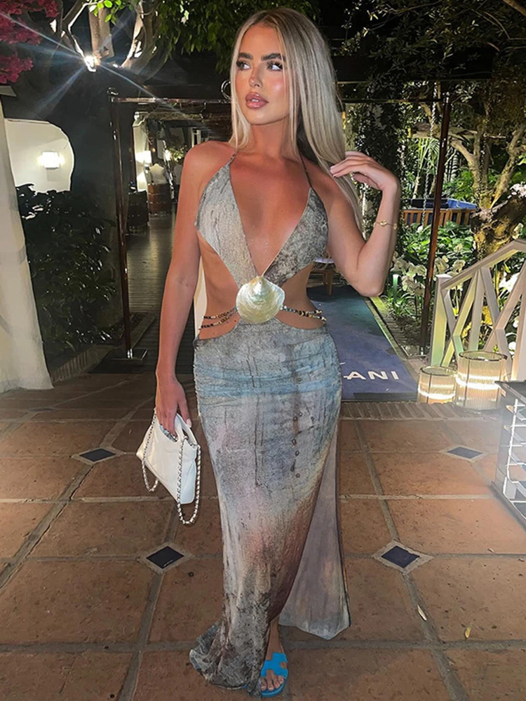 Sexy Deep V Neck Women's Halter Beach Dress 2025 Backless High Split Cut Out Shell Chic See-Through Swimwear Cover Up Dresses