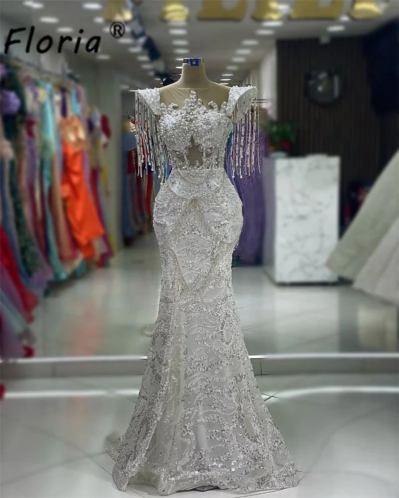 Precioso vestido De noche De sirena con cuentas De perlas, manga De casquillo blanca, borlas, largo hasta el suelo, vestidos De fiesta De boda