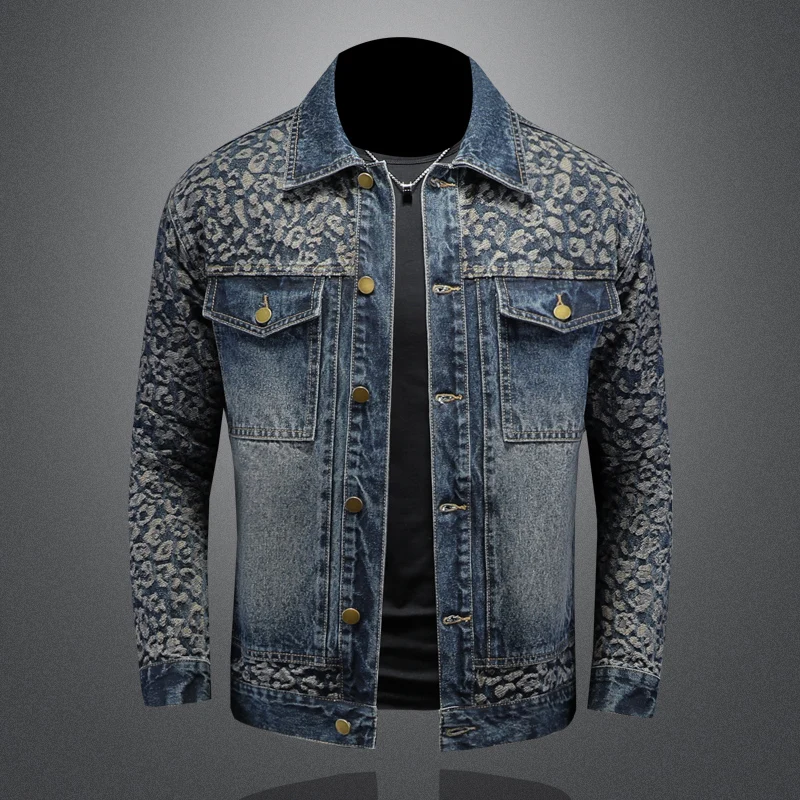 Jacquard-gespleißte Denim-Jacke für Herren, Herbst, Casual, Business, Social, Streetwear, Oberbekleidung, Herrenbekleidung, ausländische koreanische Mode
