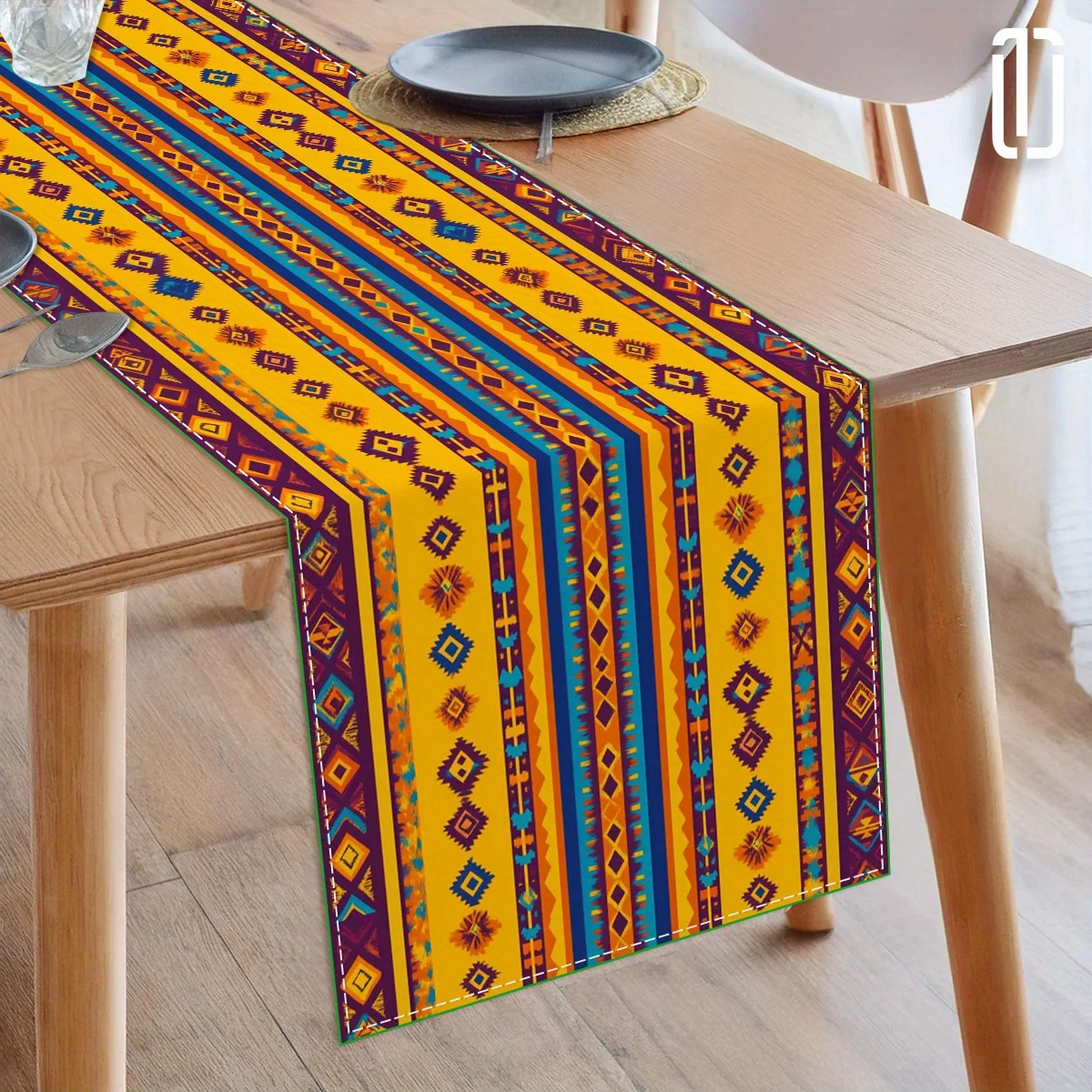 1pc Mexican Fiesta Table Runner Vibrant Geometric Pattern Polyester Tablecloth For Cinco De Mayo, Day Of The Dead Decor