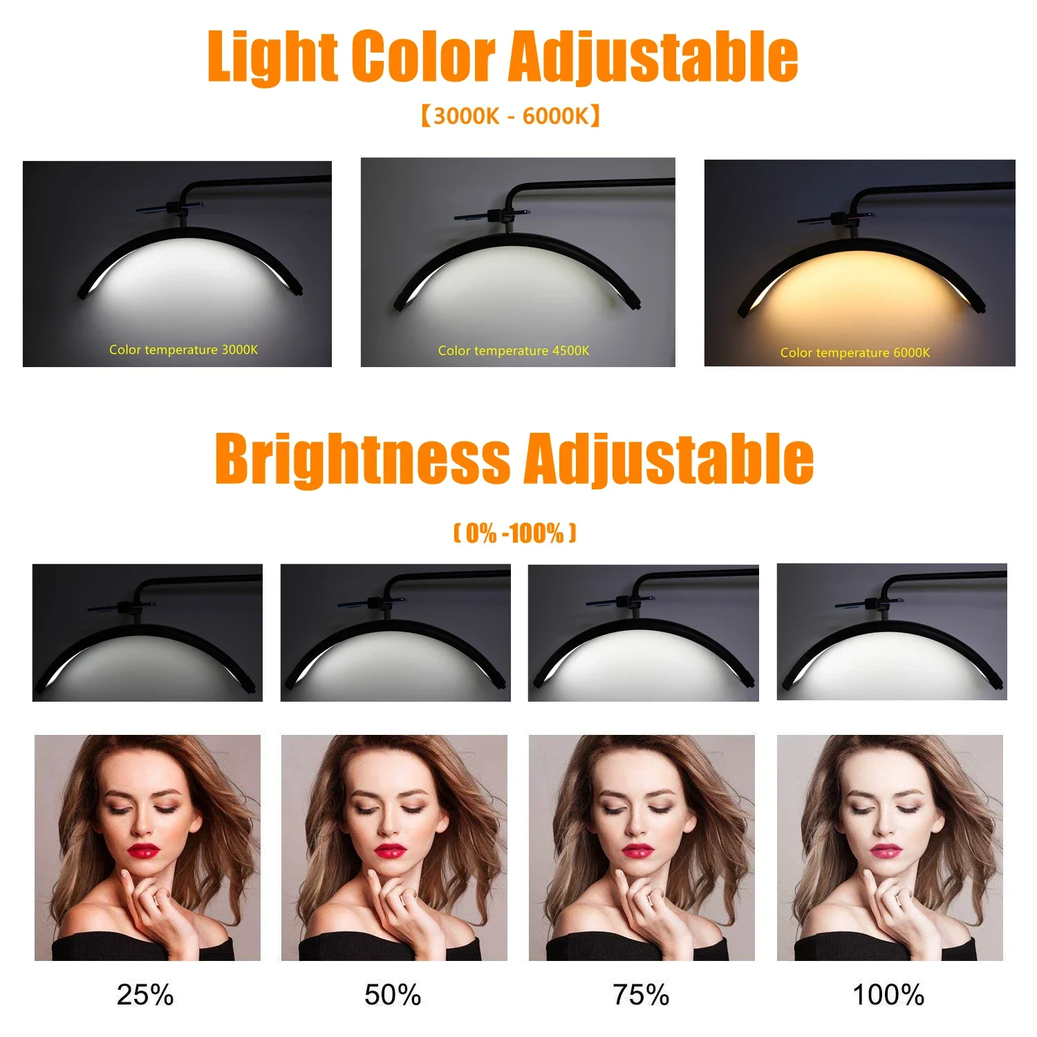 180LEDs Ring Lamp Eyelash Extension Tattooist Estheticians LED Half Moon Lash Light With Phone Clip for Beauty Skincare Eyebrows