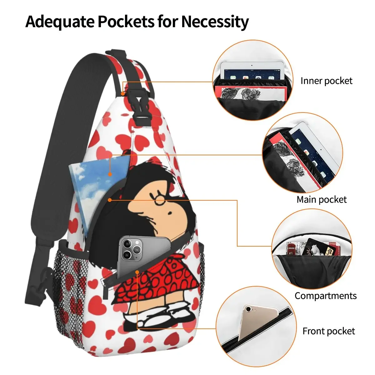 Mafalda Anime Plaid Small Sling Bag Chest Crossbody Shoulder Backpack Outdoor Sports Daypacks Men Women Satchel
