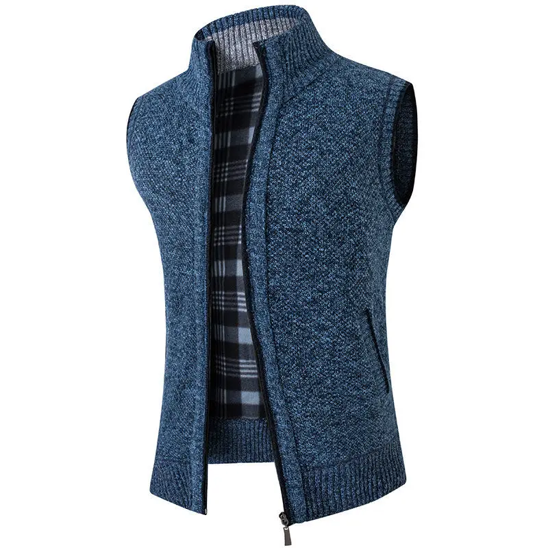 

2025 Men's Youth Autumn Winter Warm Coat Sleeveless Knit Cardigan Vest Stand Collar Fleece Lined Fashion Trendy Fashion