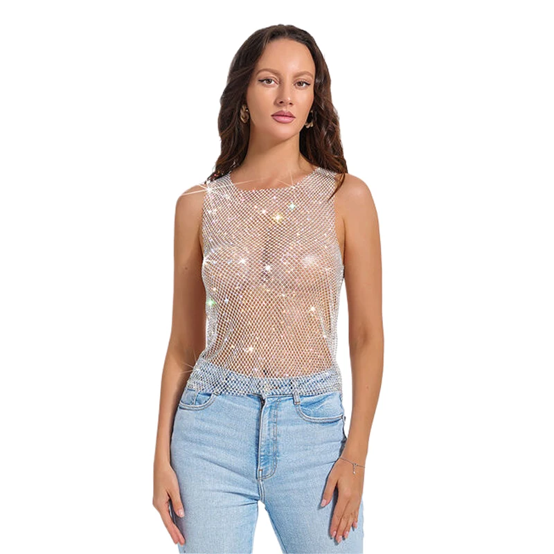 Damen Strass-Netz-Tanktop mit AB-Kristallen, ärmelloses, transparentes Überwurf-Oberteil für Nachtclub, Party, Festival, Weste, Kleid für Damen – Detail 3