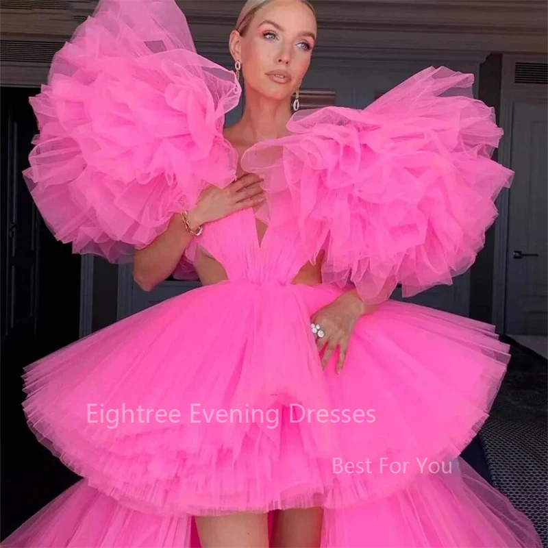 Eightree Fashion Hot Pink High Low Tulle Prom Gowns Lush Tulle Sleeves Sexy Long Tulle Women Dresses To Red Carpet Tulle Robe