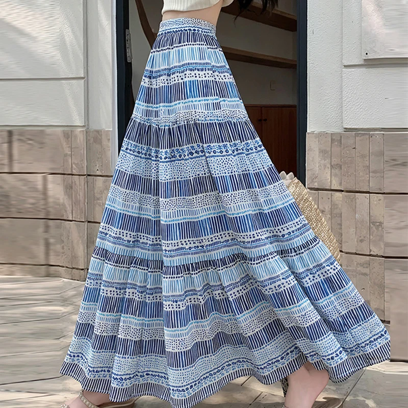 Floral Maxi Summer Skirt Women Long High Waist Holiday Dance Skirt Elegant Beach Boho Hot Sale Lady Vintage